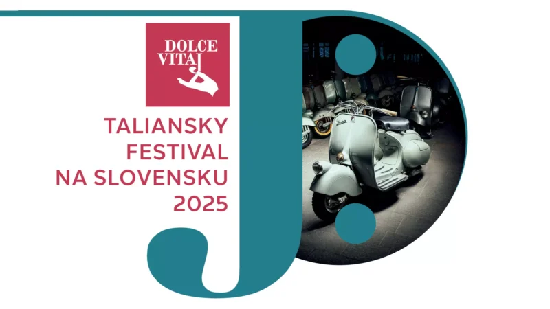 Dizajn pre taliansky festival „Dolce Vitaj“ na Slovensku 2025 s retro motorkami s červeným logom a modrozelenými prvkami na bielom pozadí.