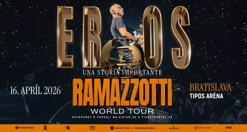 Koncertný plagát k svetovému turné Erosa Ramazzottiho, ktorý ho zobrazuje energicky hrajúceho na gitare. Text uvádza dátum, 16. apríla 2026, v bratislavskej Tipos Aréne.