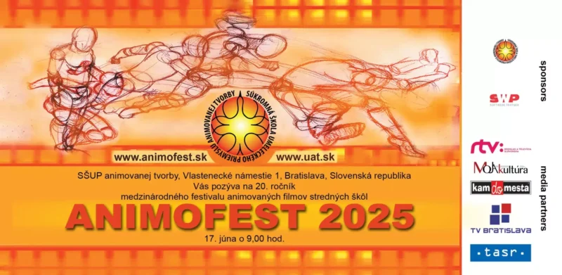 Plagát k Animofestu 2025 s dynamickými postavami v štýle skic na oranžovom pozadí. Zobrazené sú podrobnosti o podujatí a logá sponzorov.
