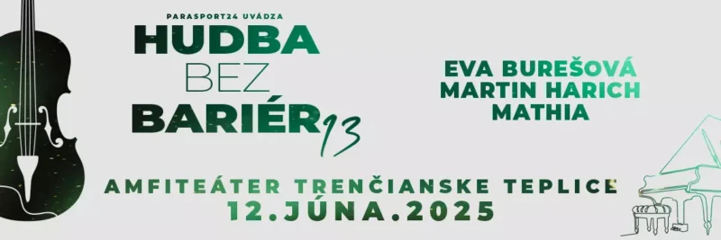 Koncertný plagát "Hudba bez bariér 13" s ilustráciou violončela a klavíra. Zahŕňa mená umelcov a podrobnosti o podujatí: 12. júna 2025 v Trenčianskych Tepliciach.