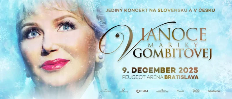 Detailný záber ženskej tváre na plagáte s modrým pozadím snehových vločiek, ktorý oznamuje koncert v Bratislave 9. decembra 2025.