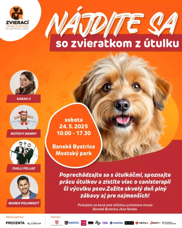 Oranžový plagát z podujatia s vyobrazením šťastného psa a propagačnými detailmi k podujatiu v útulku pre zvieratá v Banskej Bystrici 24. mája 2025 s účinkujúcimi.