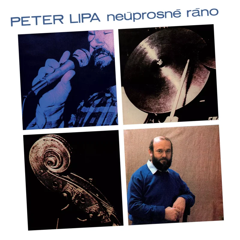 Kolážový obal albumu „PETER LIPA neúprosné ráno“ so štyrmi obrázkami: spevák, činel, zvitok violončela a muž v modrom svetri, ktorý pôsobí retro umeleckým dojmom.
