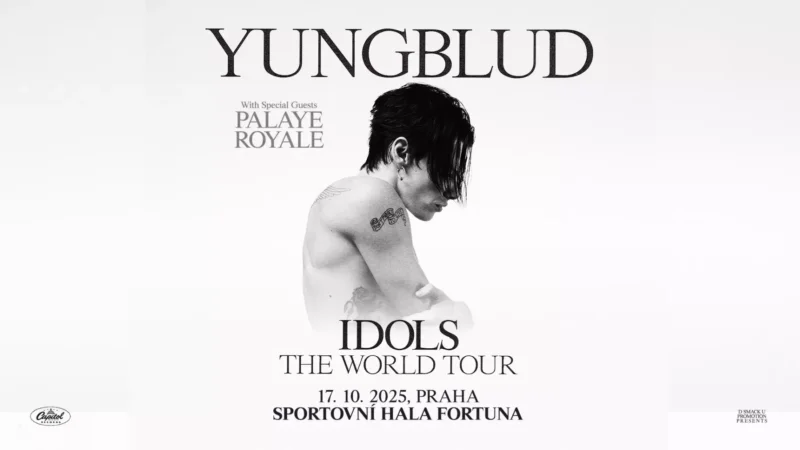 Čiernobiely koncertný plagát pre svetové turné YUNGBLUD s názvom „IDOLS“ v Prahe 17. októbra 2025, na ktorom vystúpia špeciálny hostia Palaye Royale.