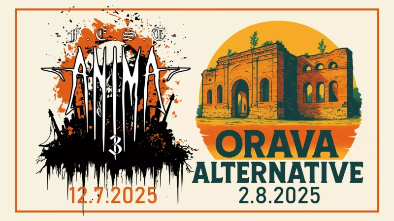Rozdelený plagát pre dve podujatia: „ANIMA Fest 3“ s oranžovými škvrnami a gotickým textom vľavo, datovaný 12.7.2025; „ORAVA Alternative“ s rustikálnou budovou a západom slnka vpravo, datovaný 2.8.2025.