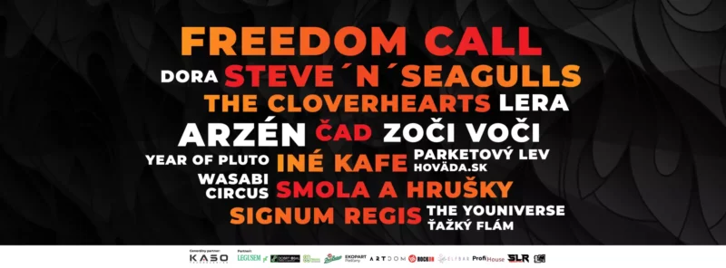 Koncertný plagát s názvami kapiel vo výrazných farbách na čiernom abstraktnom pozadí. Medzi významné mená patria Freedom Call, Steve 'n' Seagulls a Arzén.