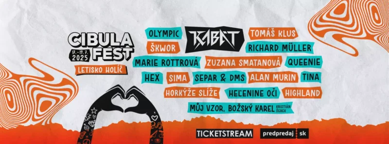 Festivalový plagát pre Cibula Fest 2025 v Letisku Holíč, 17. – 19. júla. Názvy kapiel na oranžových a tyrkysových etiketách s dynamickými abstraktnými tvarmi.