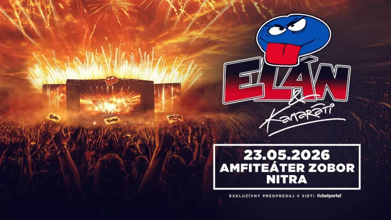 Plagát koncertu skupiny Elán 23. mája 2026 v Amfiteátri Zobor v Nitre. Zobrazuje žiarivý ohňostroj nad veľkým davom a výrazné logo kapely.
