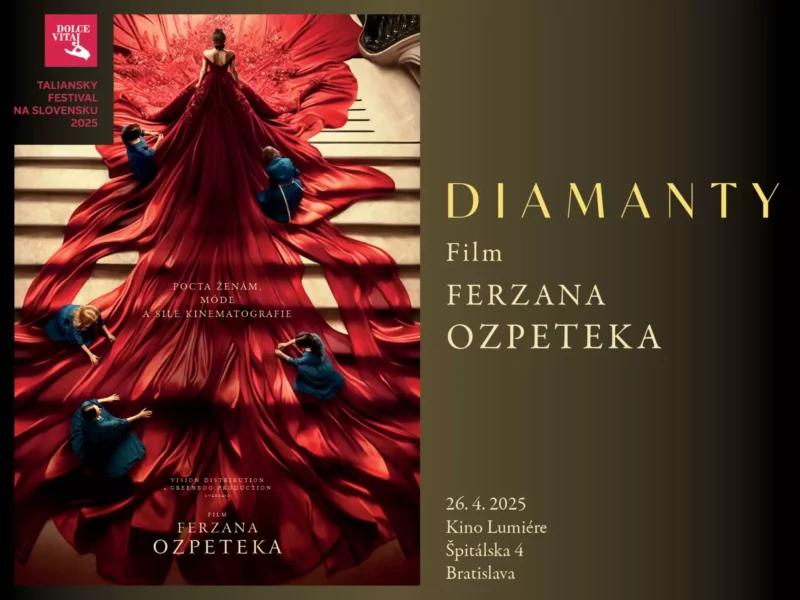 Plagát k filmu „Diamanty“ od Ferzana Ozpeteka. Žena v červených šatách stojí na schodoch, obklopená ľuďmi, ktorí si upravujú šaty. Dramatické a elegantné. Detaily udalosti na boku.