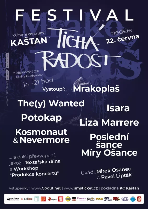 Festivalový plagát „Tichá Radosť“ v Kulturním centre Kaštan 22. júna. Predstavia kapely ako Mrakoplaš a Isara. Tmavé pozadie s umeleckým písmom.