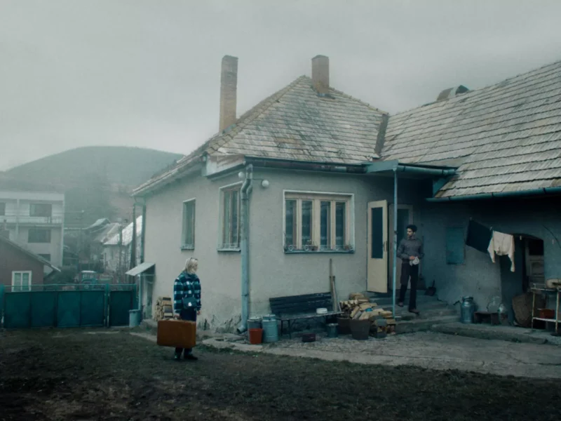 Žena s kufrom odchádza z malého, ošarpaného domu v hmlistý deň. Vo dverách stojí muž a vyžaruje pochmúrnu náladu.