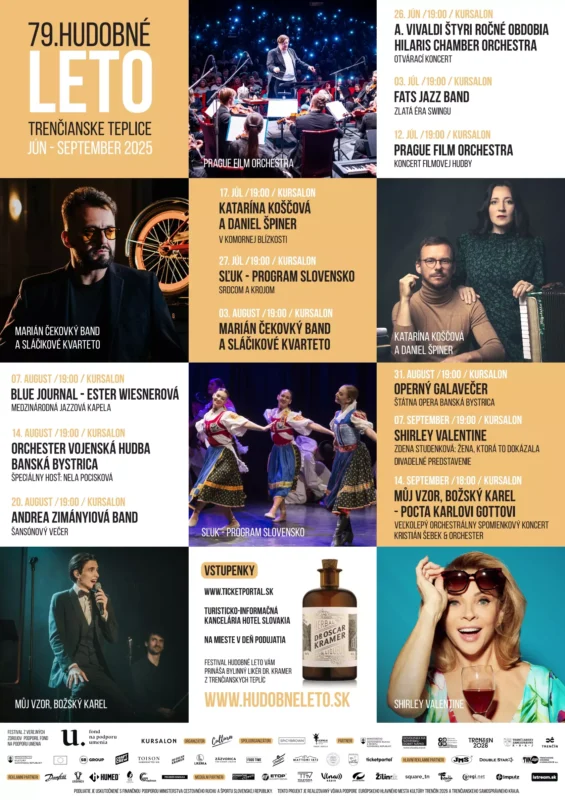 Farebný plagát podujatia pre 79. ročník festivalu Hudobné Leto v Trenčianskych Tepliciach, jún až september 2025. Medzi najdôležitejšie patria programy koncertov, obrázky orchestrov, hudobníkov a divadelných predstavení. Tón je živý a oslavný, zachytáva podstatu rozmanitých hudobných a kultúrnych podujatí.