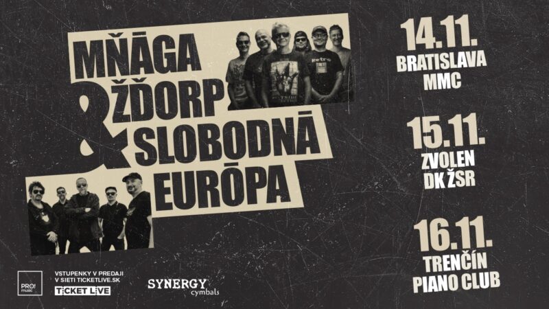 Koncertný plagát v štýle grunge s menami kapiel Mňága & Žďorp a Slobodná Európa s dátumami turné po Slovensku: 14. – 16. novembra.
