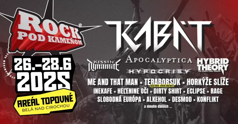 Plagát rockového festivalu s výraznými červenými a čiernymi tónmi. Dátum: 26. – 28. júna 2025. Miesto konania: Areál Topoune. Kapely: Kabát, Apocalyptica a ďalšie. Energická atmosféra.