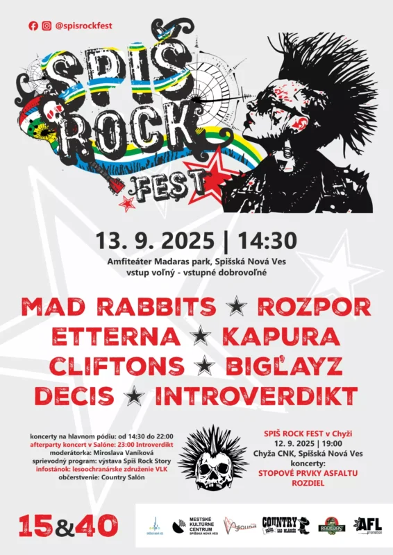 Plagát na Spiš Rock Fest, ktorý sa uskutoční 13. septembra 2025 o 14:30 v Spišskej Novej Vsi, na ktorom vystúpia kapely ako Mad Rabbits a Rozpor. Výrazný, farebný dizajn s punkovou estetikou.