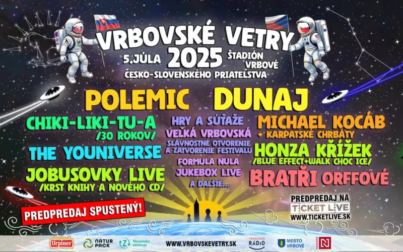 Plagát festivalu Vrbovské vetry 2025 s vesmírnou tematikou, ktorý sa uskutoční 5. júla, s účinkujúcimi kapelami ako Polemic a Dunaj. Obsahuje planéty a astronautov.