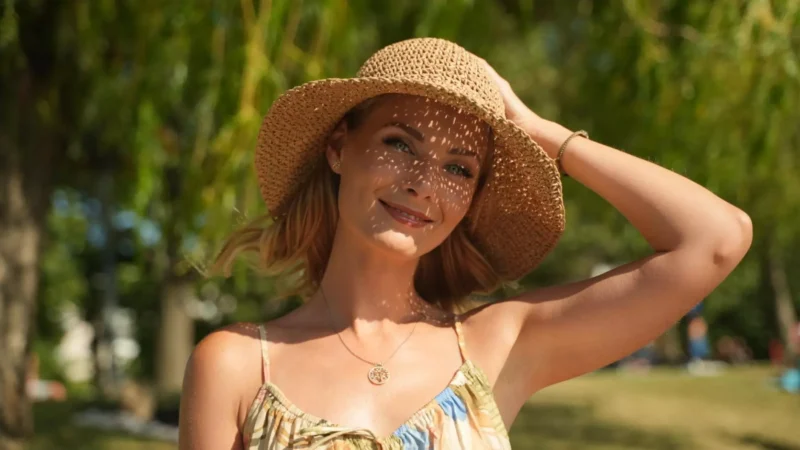 Žena sa v slnečnom parku vrúcne usmieva, na tvári má slamený klobúk, ktorý jej vrhá na tvár zložité tiene. Má pokojný a spokojný výraz.