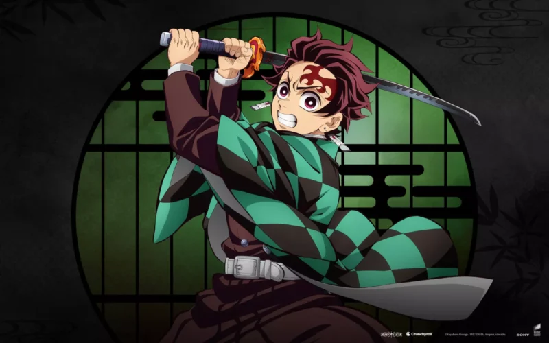 Anime postava v dynamickej póze, odhodlane držiaca meč. Zelené kockované haori, divoký výraz, zložité pozadie so zelenými a čiernymi vzormi.