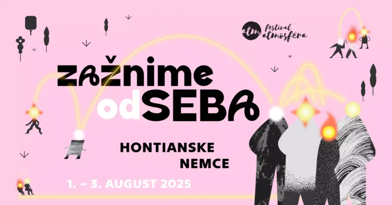 Ružový plagát pre Festival Atmosféra s abstraktnými postavami a stromami. Text: „Zažnime od seba“, „Hontianske Nemce“ a „1. – 3. august 2025.“ Energický a hravý dizajn.
