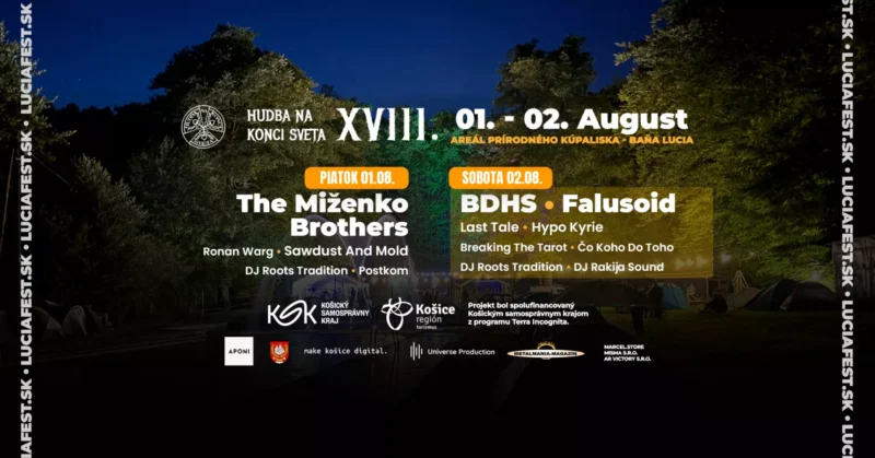 Plagát nočného festivalu so stromami a stanmi v pozadí. Dátumy podujatia „1. – 2. augusta“ s uvedenými kapelami ako „The Miženko Brothers“ a „BDHS“.