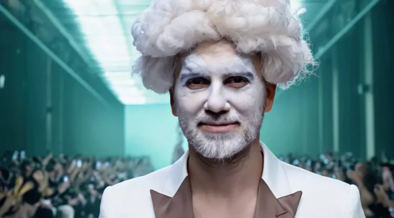 Muž s bielou namaľovanou tvárou a parochňou, oblečený v bielom obleku, sa sebavedomo usmieva. Stojí v preplnenej miestnosti so zdvihnutými fotoaparátmi v telefónoch, čím vytvára surrealistickú, divadelnú atmosféru.