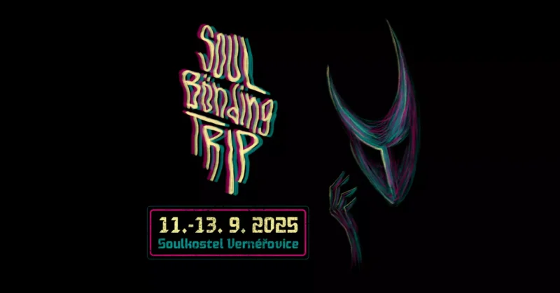 Štylizovaný text s nápisom „Soulbönding Trip 2025“ s neónovými farbami na čiernom pozadí. Vedľa neho je abstraktná postava s rohmi. Text pod ním: „11. – 13. 9. 2025, Soulkostel Vernéřovice.“