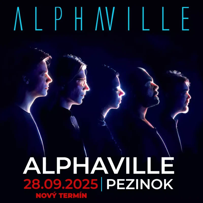 Plagát oznamuje koncert legendárnej kapely Alphaville, ktorý sa uskutoční 28. septembra 2025 v Pezinku. Na vizuále sú v modrofialovom podsvietení siluety členov kapely, v hornej časti moderné logo „ALPHAVILLE“ a v spodnej časti dátum, miesto konania a označenie „Nový termín“. Dizajn je dynamický, tmavý a vyzdvihuje kultový charakter kapely.