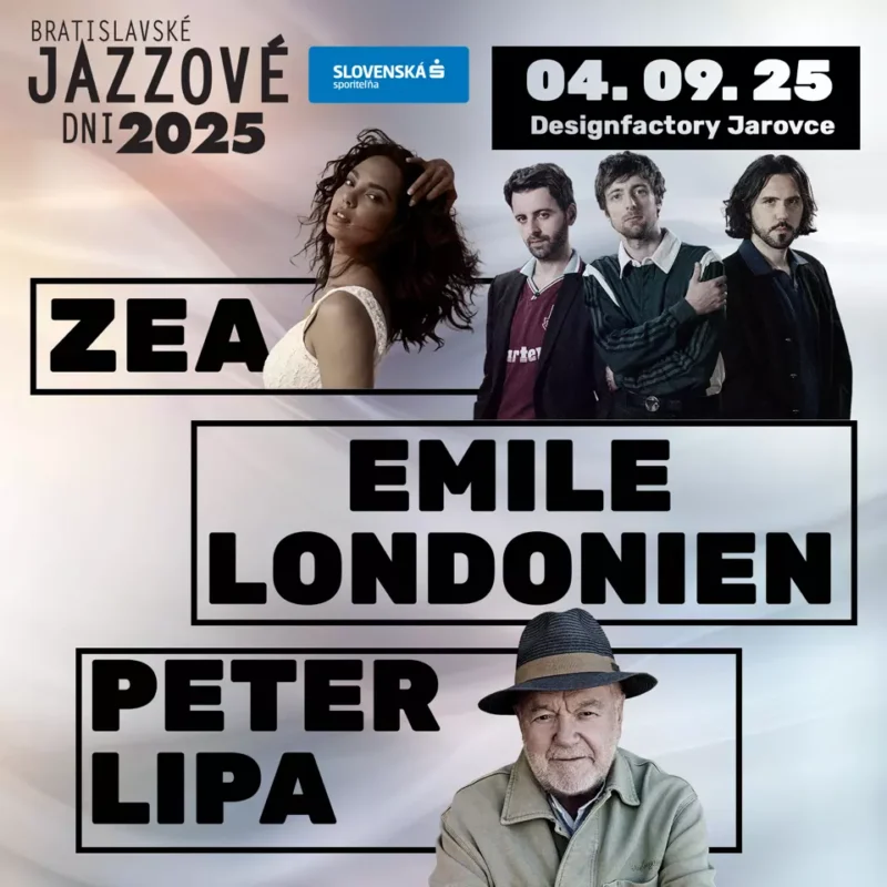 Festivalový plagát propaguje zahajovací večer Bratislavské jazzové dni 2025, ktorý sa uskutoční 4. septembra 2025 v Designfactory Jarovce. Na plagáte sú mená účinkujúcich: Zea, Emile Londonien a Peter Lipa. Podtitul uvádza logo hlavného partnera Slovenská sporiteľňa, výrazné dátumy a fotografie účinkujúcich v štýlovom grafickom prevedení.