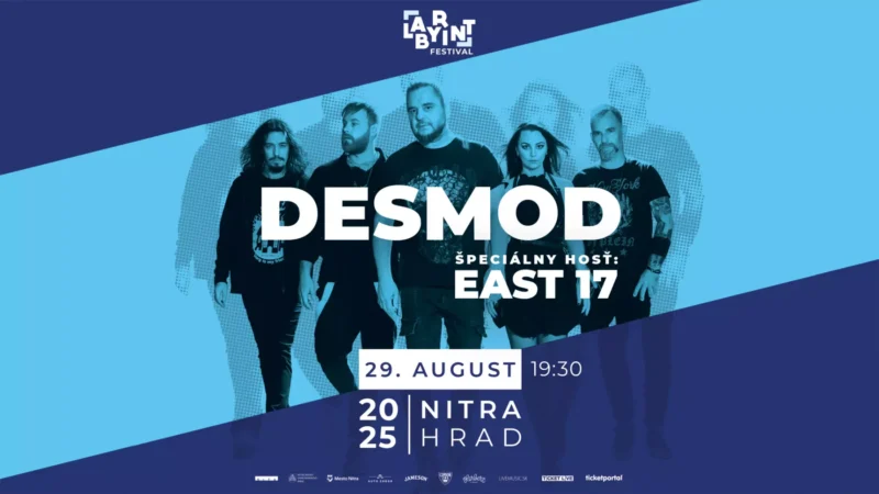 Festivalový plagát propaguje koncert skupiny DESMOD, ktorý sa uskutoční 29. augusta 2025 o 19:30 na hrade v Nitre, v rámci Art By Int Festivalu. Plagát je ladený v odtieňoch modrej, v strede je výrazný názov kapely a informácia o špeciálnom hosťovi East 17. V pozadí stoja členovia kapely v tmavom oblečení, nad nimi je festivalové logo, dole dátum, miesto a rok konania akcie.