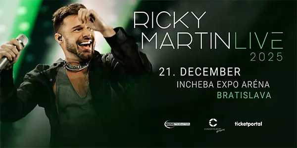 Plagát propaguje koncert Ricky Martin Live 2025, ktorý sa uskutoční 21. decembra v Incheba Expo Aréna v Bratislave. Vizuál je ladený v zelených tónoch, vľavo je Ricky Martin so spievacím mikrofónom, vpravo výrazné informácie o mieste, dátume a portáli ticketportal na predaj vstupeniek. Atmosféra plagátu je dynamická a koncertná.
