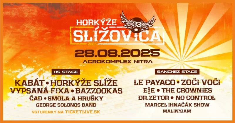 Festivalový plagát s oranžovo-bielym pozadím propaguje podujatie Horkýže Slížovica 2025, ktoré sa koná 28.8.2025 na Agrokomplexe v Nitre. V strede je zvýraznený dátum a miesto, nad nimi logo festivalu s číslom 33 a rozprestretými krídlami. Dolná časť plagátu uvádza dva pódiá s menami účinkujúcich kapiel, vrátane Kabát, Horkýže Slíže, Vypsaná Fixa, Le Payaco či Zoči Voči, a informáciou o predaji vstupeniek
