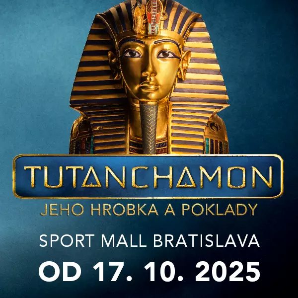 Vizuál propaguje výstavu Tutanchamon – jeho hrobka a poklady, ktorá sa uskutoční v Sport Mall Bratislava od 17. októbra 2025. Dominantným prvkom je zlatá pohrebná maska faraóna na modrom pozadí, doplnená o názov výstavy v elegantnom zlatom písmu. Nižšie sú uvedené miesto konania a termín začiatku výstavy.