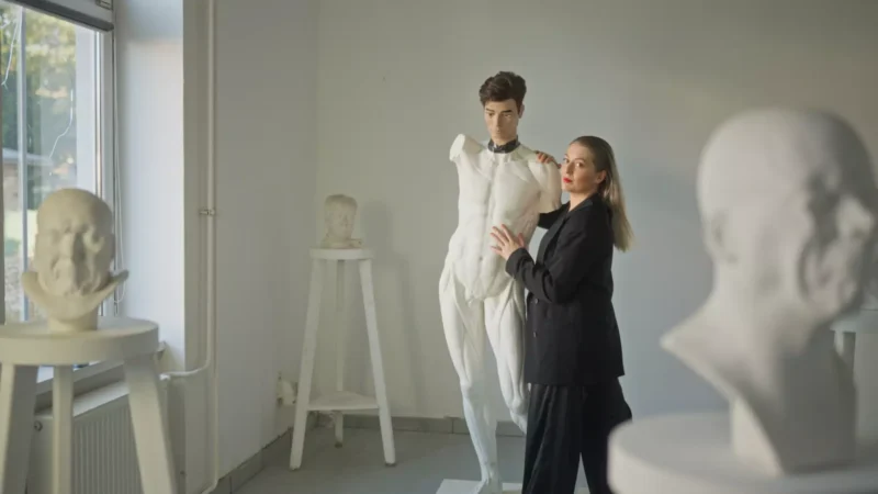 Fotografia zobrazuje ženu v čiernom odeve, ktorá v svetlom a čistom ateliéri obdivuje alebo upravuje bielu anatomickú sochu mužského trupu. Okolie dopĺňajú ďalšie sochy a busty na podstavci; priestor je presvetlený denným svetlom z veľkého okna. Atmosféra pôsobí tvorivo a vzdelávaco, typická pre umelecký alebo vzdelávací ateliér.