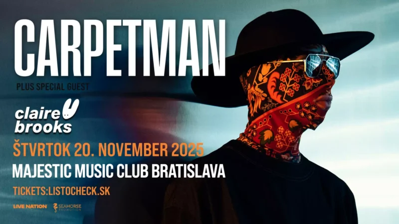 Koncertný plagát k albumu „Carpetman“ s profilovým zobrazením osoby v klobúku so širokou strechou a farebnej šatke. Podujatie sa koná 20. novembra 2025 v Bratislave.