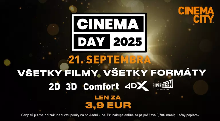 Propagačný plagát ku Dňu kina 2025 s tmavým hviezdnym pozadím. Hlavné momenty: „21. september“, všetky filmové formáty za 3,90 €. Výrazný, živý text vyjadruje vzrušenie.
