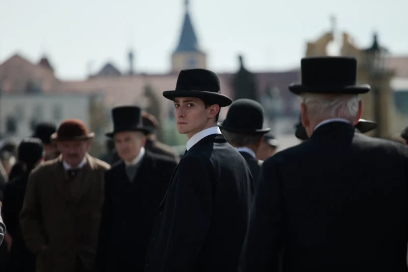 Muž v čiernom obleku a buřinke stojí medzi ostatnými v podobnom oblečení a uprene hľadí do kamery. V pozadí sú rozmazané strechy.
