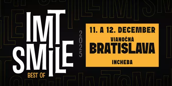 Koncertný plagát k albumu „IMT Smile Best of“ s tučným bielym textom na čiernom pozadí. Zvýraznený žltý rámček zobrazuje dátumy: 11. a 12. decembra v Bratislave v Inchebe.