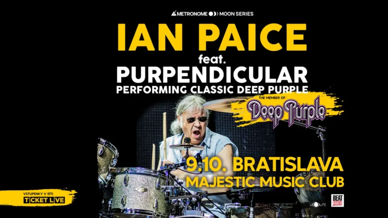 Alternatívny text: „Koncertný plagát Ian Paice s Purpendicular, ktorí hrajú klasiku Deep Purple. Zobrazuje bubeníka v akcii s podrobnosťami o podujatí: 9. októbra, Bratislava v Majestic Music Clube. Energický a pútavý, s dôrazom na rockovú hudbu.“