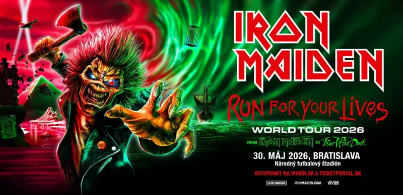 Živý koncertný plagát pre svetové turné Iron Maiden s názvom „Run for Your Lives“ v roku 2026. Zobrazuje hrozivú postavu pripomínajúcu zombie, má ohnivé farby a textové detaily.