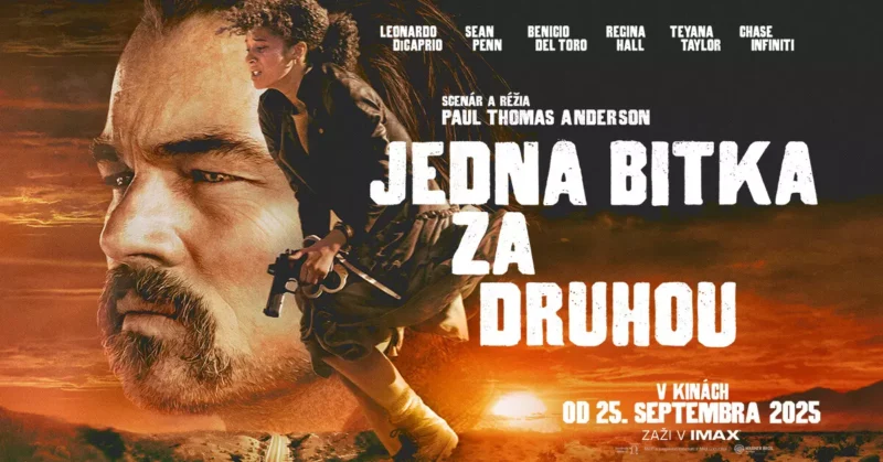 Dramatický filmový plagát zobrazuje mužovu postavu v akcii na pozadí živého západu slnka. Tučným písmom je napísaný text „JEDNA BITKA ZA DRUHOU“ s dátumom vydania 25. septembra 2025.
