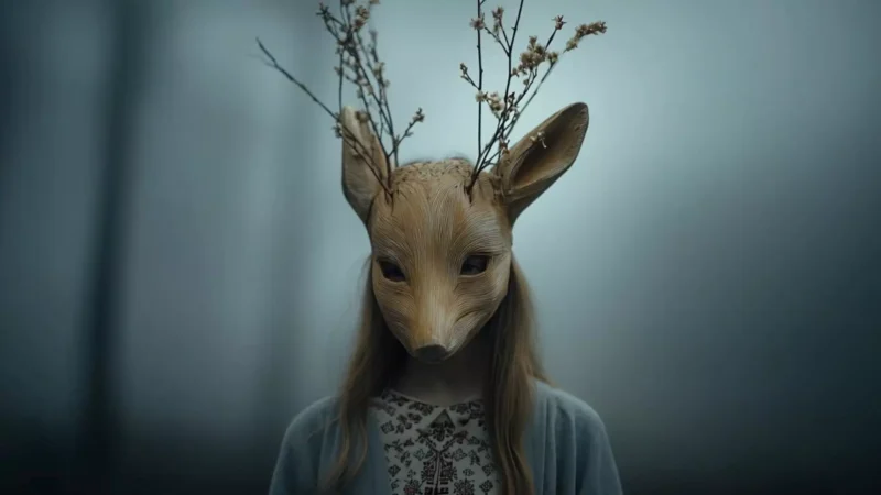 Postava v detailne vymodelovanej maske jeleňa s konármi ako parohmi stojí v hmlistom lese. Scéna je tajomná a éterická, evokuje rozmarný, surrealistický pocit.