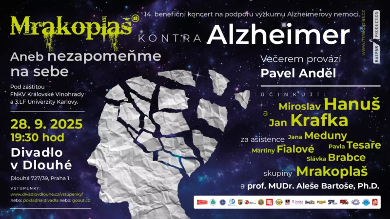 Benefičný koncert Mrakoplaš kontra Alzheimer podporuje výskum Alzheimerovej choroby. Koná sa 28. septembra 2025 o 19:30 v Divadle v Dlouhé v Prahe. Večer moderuje Pavel Anděl, vystúpia Miroslav Hanuš, Jan Krafka, skupina Mrakoplaš a ďalší umelci. Predaj vstupeniek je online a na mieste
