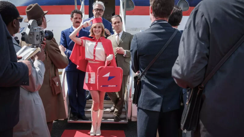 Veselá letuška v retro červenej uniforme máva pri chôdzi po schodoch lietadla. Na červenom koberci je obklopená fotografmi a mužmi v oblekoch.