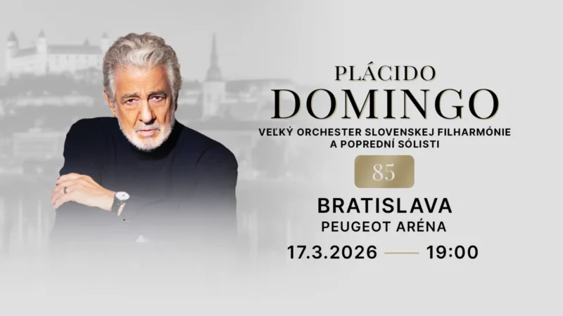 Plagát koncertu s vyobrazením staršieho muža so sivými vlasmi a bradou na pozadí sivej mestskej krajiny. Text znie „Plácido Domingo, Bratislava, 17.3.2026, 19:00“.