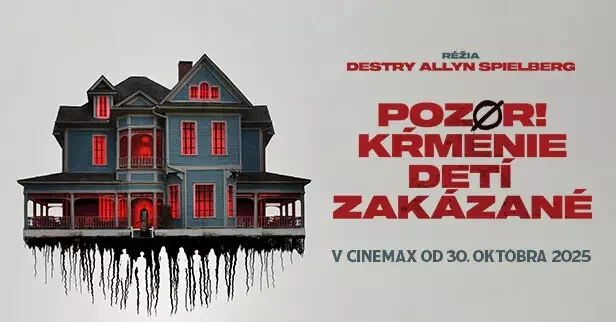 Obrázok strašidelného, ​​tmavého domu so žiariacimi červenými oknami, vznášajúceho sa nad tieňovanými koreňmi stromov. Slovenský text varuje, aby sa deti nekŕmili. Zvláštna atmosféra.