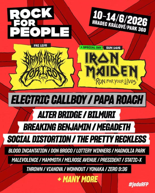 Plagát festivalu Rock for People s názvami kapiel na červenom pozadí. Medzi hlavnými hviezdami budú Bring Me the Horizon a Iron Maiden, jún 2026 v Hradci Králové. Energický tón.