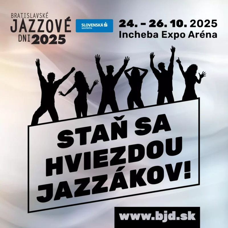 Siluety tancujúcich ľudí so zdvihnutými rukami na gradientnom pozadí. Text propaguje Bratislavské jazzové dni 2025 v Incheba Expo Aréne.