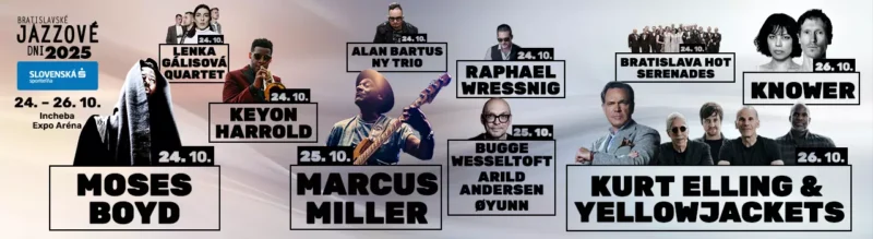 Banner pre Bratislavské jazzové dni 2025 s umelcami ako Moses Boyd, Marcus Miller a Kurt Elling & Yellowjackets s dátumami koncertov.