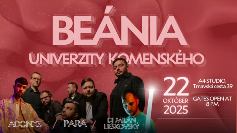 Plagát podujatia Beánia Univerzity Komenského s hudobnými účinkujúcimi Adonxs, Para a DJ Milan Lieskovský. Dátum je 22. október 2025 v Štúdiu A4, Trnavská cesta 39. Výrazné červené pozadie s nápadným bielym textom vyjadruje vzrušenie a očakávanie. Brány sa otvárajú o 20:00.