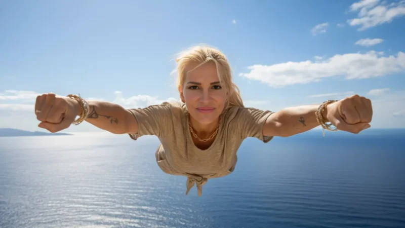 Osoba s blond vlasmi pózuje, akoby letela nad rozľahlým oceánom, s jasnou oblohou a oblakmi v pozadí, čo vyvoláva pocit slobody a radosti.